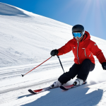 **

A skilled ski instructor carving effortlessly down a groomed slope, demonstrating perfect technique. Focus on dynamic movement, clean lines, and the spray of snow. The backdrop should be a sunny day in the mountains with visible ski lifts. The instructor is wearing professional ski gear.

**