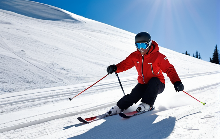 **
A skilled ski instructor carving effortlessly down a groomed slope, demonstrating perfect technique. Focus on dynamic movement, clean lines, and the spray of snow. The backdrop should be a sunny day in the mountains with visible ski lifts. The instructor is wearing professional ski gear.
**