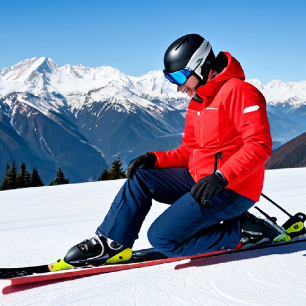A professional male ski instructor in a modest, high-quality ski suit and helmet is demonstrating a technique to a female student in appropriate ski attire and helmet. They are on a well-groomed ski slope with snow-capped mountains in the background under clear blue skies. The instructor is fully clothed and engaged in a natural teaching pose, with the student actively observing. Perfect anatomy, correct proportions, well-formed hands, proper finger count, natural body proportions, professional photography, high quality, safe for work, appropriate content, family-friendly.
