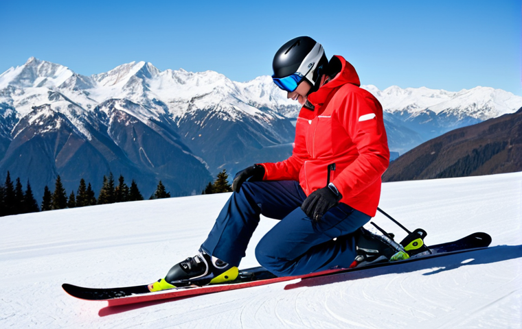 A professional male ski instructor in a modest, high-quality ski suit and helmet is demonstrating a technique to a female student in appropriate ski attire and helmet. They are on a well-groomed ski slope with snow-capped mountains in the background under clear blue skies. The instructor is fully clothed and engaged in a natural teaching pose, with the student actively observing. Perfect anatomy, correct proportions, well-formed hands, proper finger count, natural body proportions, professional photography, high quality, safe for work, appropriate content, family-friendly.