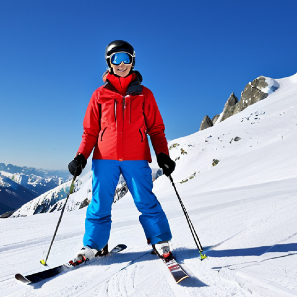 **
"A skier in a bright red jacket, fully clothed, demonstrating the athletic stance on a gentle, snow-covered slope. Perfect anatomy, correct proportions, natural pose. The background features snow-covered mountains and a clear blue sky. Focus on demonstrating proper form. Safe for work, appropriate content, professional, modest, family-friendly. High quality rendering."
**
