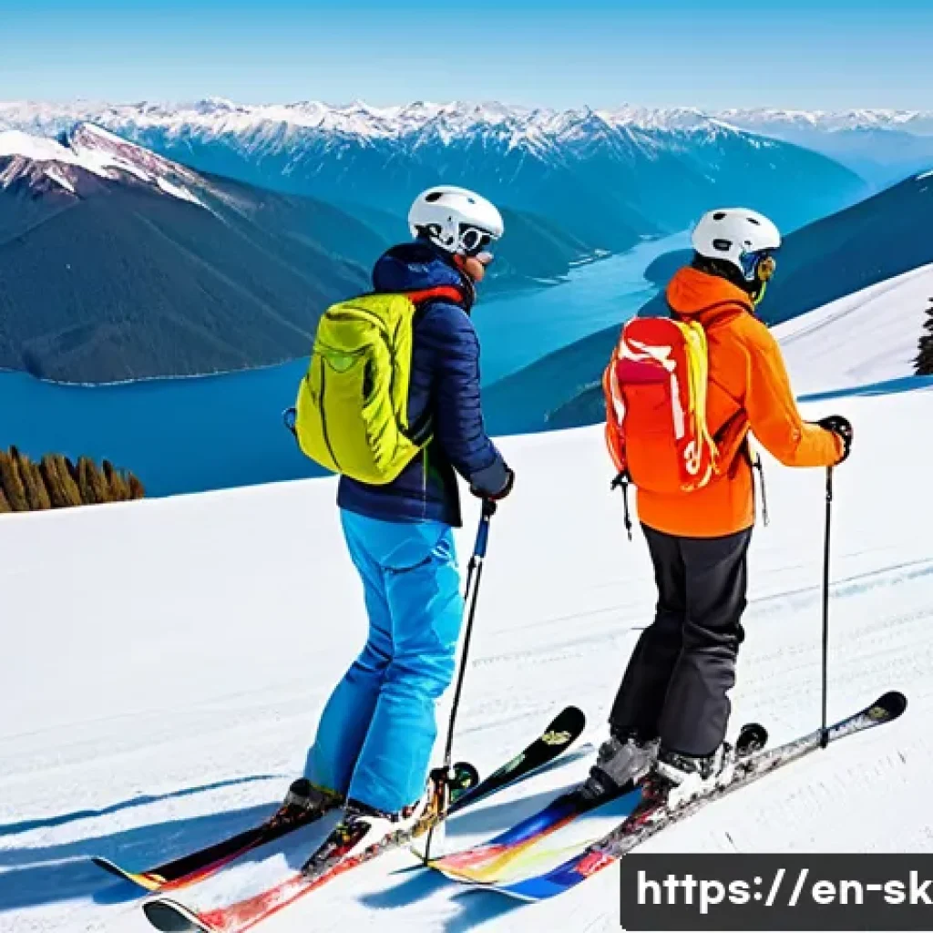 스키 강사의 실수와 대처 사례 - A professional ski instructor leading a diverse group of beginner skiers down a snowy mountain slope...