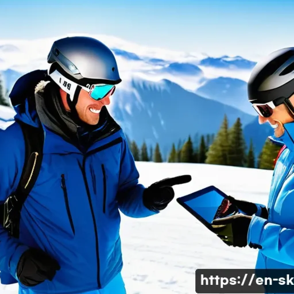 스키 강사의 고객 만족도 유지 전략 - A professional ski instructor engaging with a diverse group of skiers on a snowy mountain slope, dem...