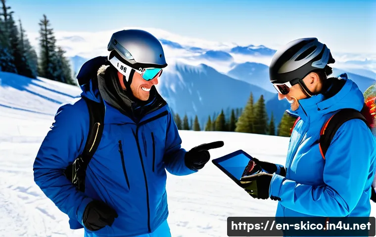 스키 강사의 고객 만족도 유지 전략 - A professional ski instructor engaging with a diverse group of skiers on a snowy mountain slope, dem...