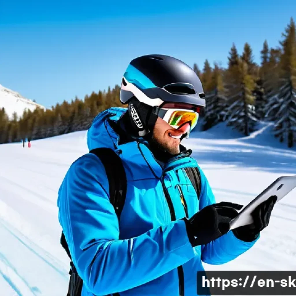 스키 강사의 글로벌 트렌드 이해 - A modern ski instructor conducting a virtual coaching session outdoors on a snowy mountain slope, we...