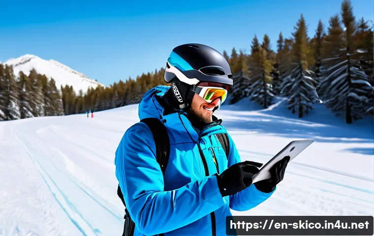스키 강사의 글로벌 트렌드 이해 - A modern ski instructor conducting a virtual coaching session outdoors on a snowy mountain slope, we...