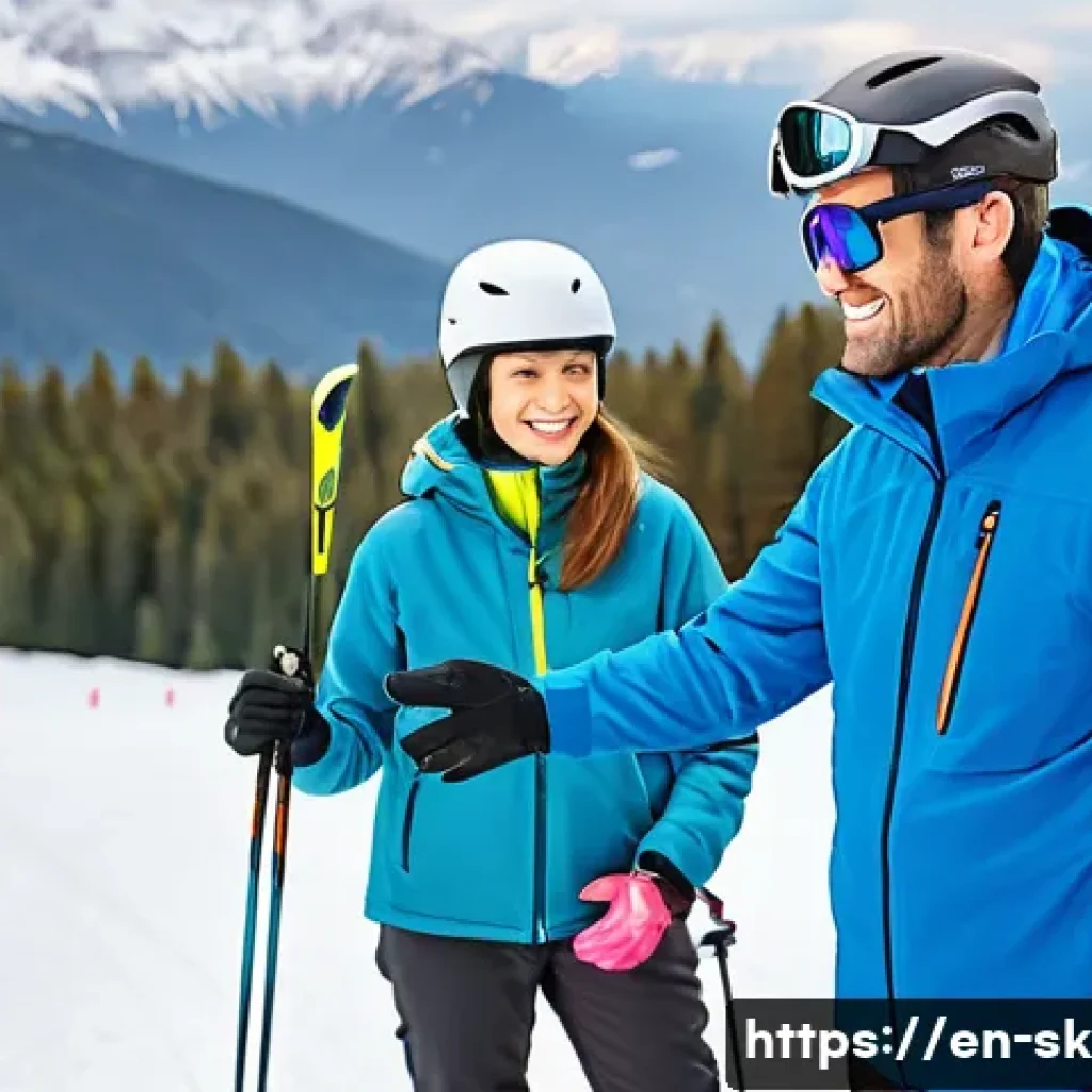 스키 강사의 고객과의 신뢰 관계 강화 - A friendly ski instructor attentively listening to a beginner client on a snowy mountain slope, both...