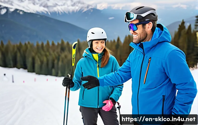 스키 강사의 고객과의 신뢰 관계 강화 - A friendly ski instructor attentively listening to a beginner client on a snowy mountain slope, both...
