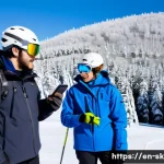 스키 강사의 팀원 간 협력 사례 - A group of ski instructors on a snowy mountain slope engaged in real-time communication using walkie...