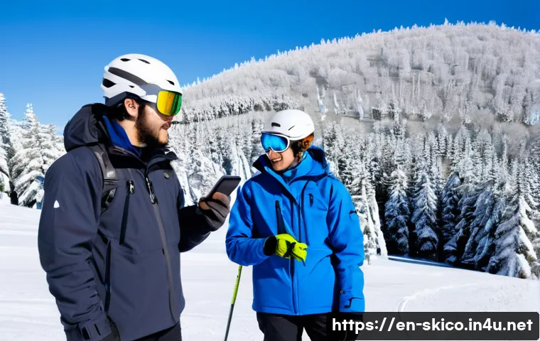 스키 강사의 팀원 간 협력 사례 - A group of ski instructors on a snowy mountain slope engaged in real-time communication using walkie...