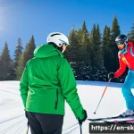 스키 강사의 고객 중심 전략 사례 - A friendly ski instructor attentively observing a beginner skier on a snowy mountain slope during a ...