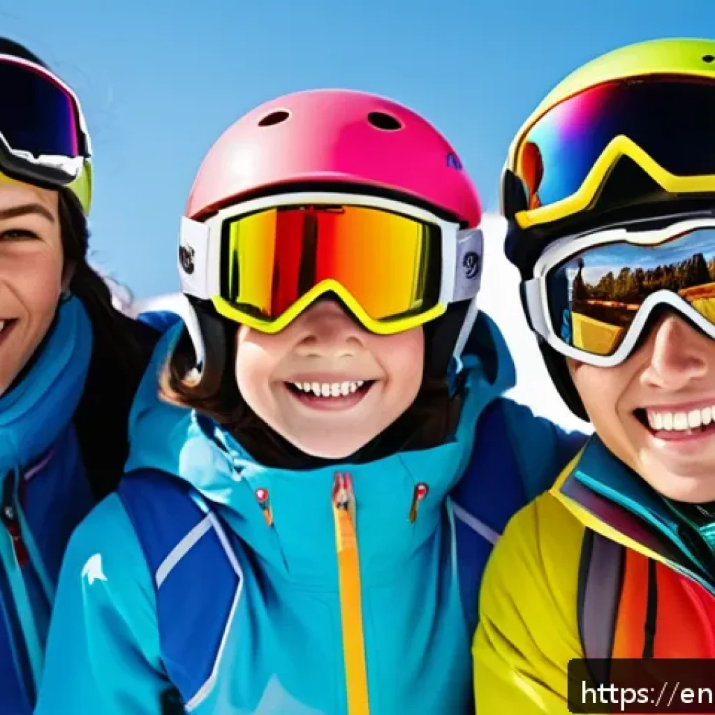 스키 강사의 단체 고객 관리 팁 - A vibrant group ski lesson scene on a sunny mountain slope, featuring diverse skiers of various ages...