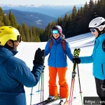 스키 강사로서의 리더십 개발 - A diverse group of ski learners in colorful winter gear and helmets, gathered on a snowy mountain sl...