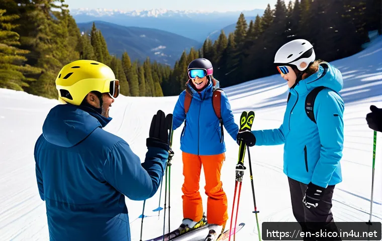 스키 강사로서의 리더십 개발 - A diverse group of ski learners in colorful winter gear and helmets, gathered on a snowy mountain sl...