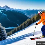 스키 강사 블로그 시작하기 - A friendly ski instructor in colorful winter gear demonstrating proper parallel turn technique on a ...