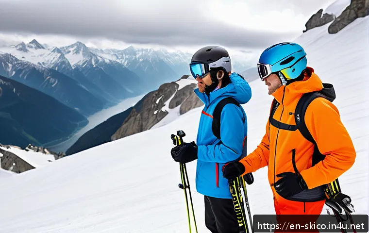 스키 강사의 안전 사고 예방 사례 - A group of ski instructors attentively monitoring a diverse group of skiers on a snowy mountain slop...