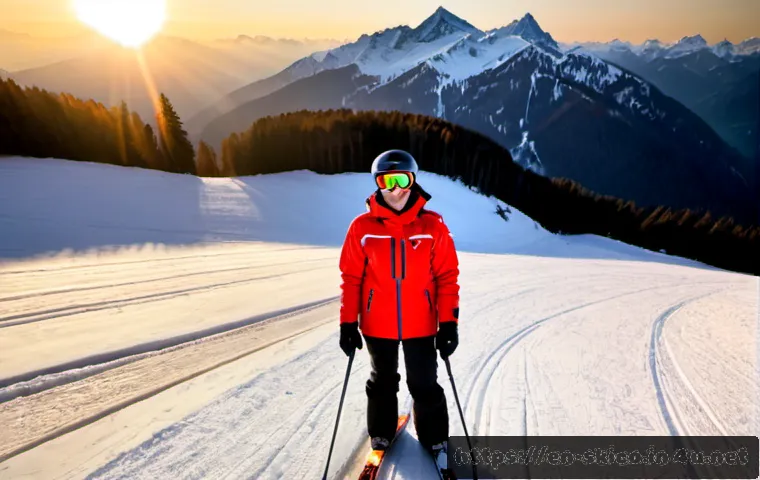 Home 17 스키 강사의 직업적 만족도 조사 - Photorealistic ski instructor standing confidently beside a groomed alpine slope at sunrise, wearing...
