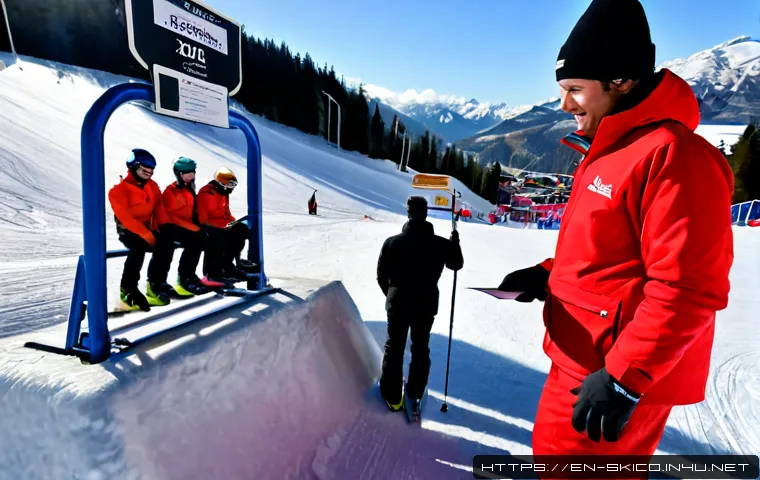 스키 강사의 스키장 운영 지원 사례 - Photorealistic wide-angle scene at a busy North American ski resort base area, experienced ski instr...