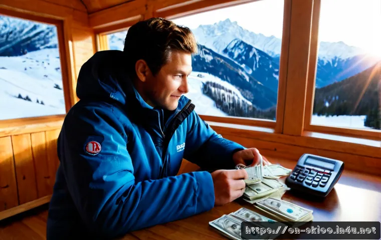 Home 30 스키 강사의 레슨 가격 설정 전략 - Photorealistic ski instructor in a neat insulated jacket sitting at a wooden chalet desk, comparing ...